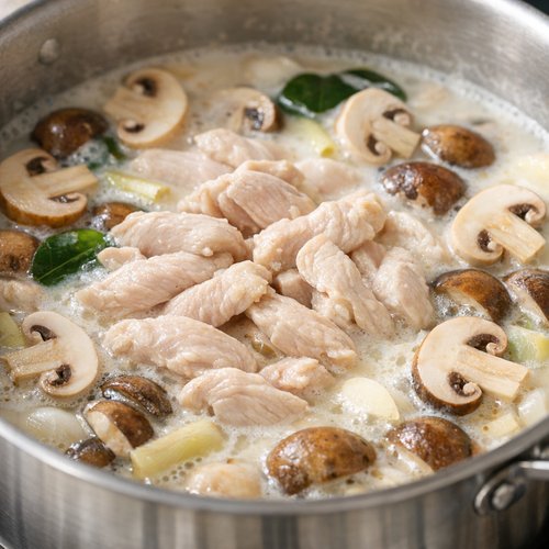 Step 6: Add Chicken and Mushrooms (Cooking 5-7 Minutes)